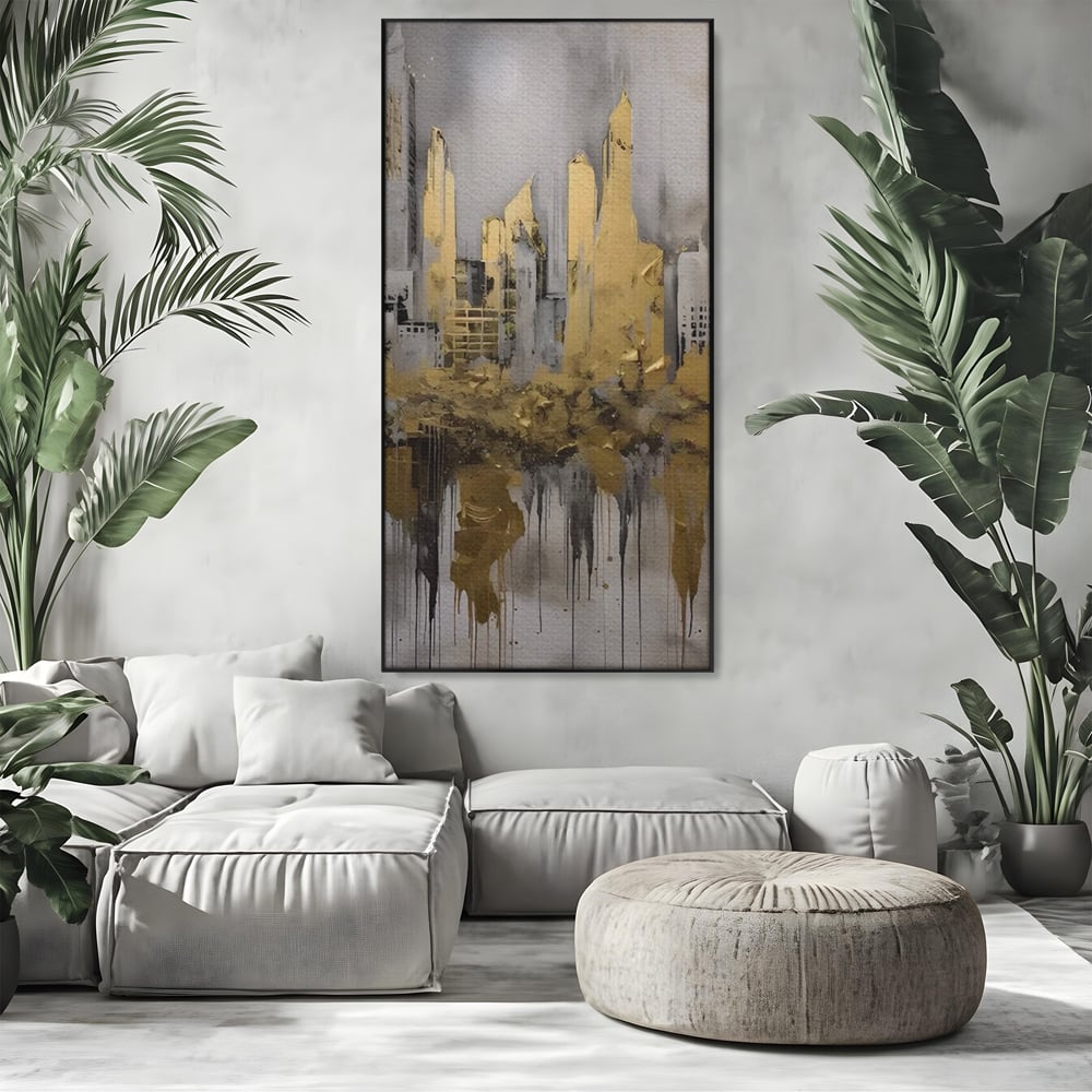 Tablou canvas cu tablou canvas cu zgarie-nori aurii, in rama de aluminiu negru, pe perete intr-un living
